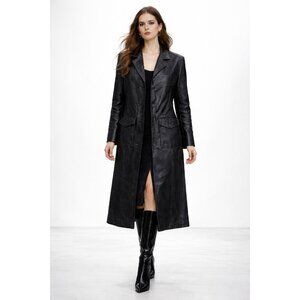 Jones New York Black Genuine Leather Trench Coat Women’s Medium Long Button Fron